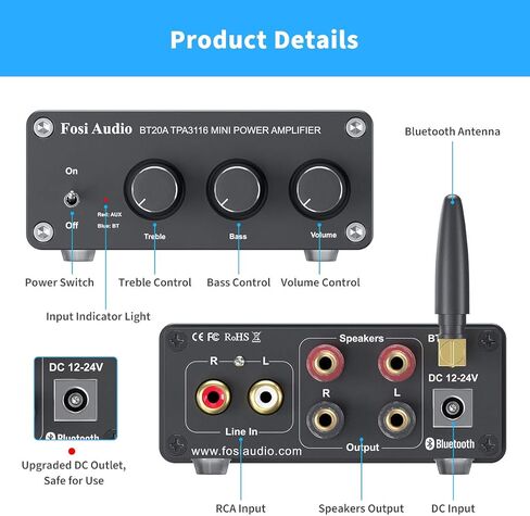 Fosi Audio BT20A Bluetooth Stereo Amplifier, 2 Channel Home Audio Component Amplifiers for Passive Speakers+Fosi Audio BT20A MAX Stereo Power Amplifier, 300W x 2 Hi-Fi Audio Amp with PFFB Technology in Saudi Arabia