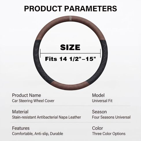 Ultra-Thin Napa Leather Steering Wheel Cover with 3D Anti-Slip Diamond Grip, Breathable Non-Bulky Design, Universal Fit 15 Inch for Cars & SUVs in Saudi Arabia