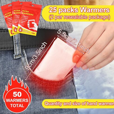 Jenaai 50 Pcs Hand Warmers 3.5x2.1'' Resealable Emergency Hand Warmers up to 8 Hours of Heat Across 72 h (hours) Long Lasting Safe Natural Odorless Air Activated for Cold Winter Skiing Hiking Survival in Saudi Arabia