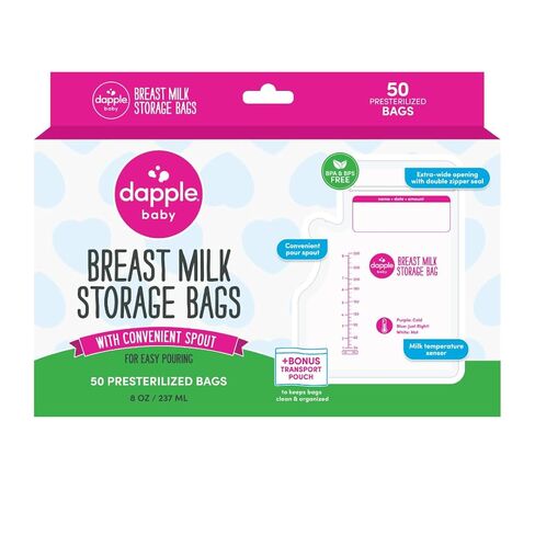 Dapple Breast Milk Storage Bags with East Pour Spout, Leakproof Double Zipper, BPA-Free, Pre-Sterilized, Temperature Sensor, Freezer-Safe, Pump Directly Into Bag, 8oz, 50ct in Kuwait