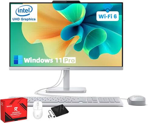 كمبيوتر مكتبي الكل في واحد من لينوفو - شاشة IPS FHD مقاس 23.8 بوصة، معالج Intel N100، رسومات Intel UHD، Wi-Fi 6، لوحة مفاتيح وماوس سلكية، كاميرا ويب عالية الدقة، Windows 11 Pro، مع ملحقات (16 جيجابايت رام + 512 جيجابايت SSD) in Kuwait