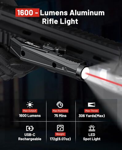 مصباح يدوي بندقية EZshoot 1600 لومن، مجموعة ليزر AR Light للبندقية، ضوء بندقية LED من الألومنيوم المؤكسد متوافق مع M-Rail وPicatinny، مصباح سلاح منخفض المستوى قابل لإعادة الشحن عبر USB in Kuwait