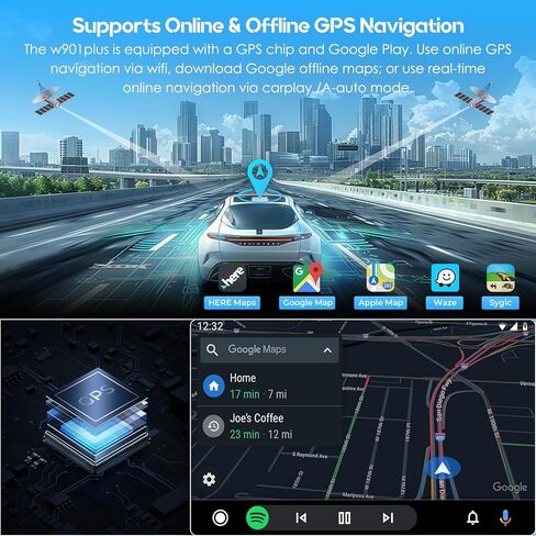 CARPURIDE 9 بوصة W901 Plus، نظام CarPlay اللاسلكي & Android Auto & Android 12.0، شاشة تشغيل السيارة عبر الإنترنت وغير متصل GPS للسيارة، G00GLE Play، Netflix، Mirror Link، صوت بلوتوث in Kuwait