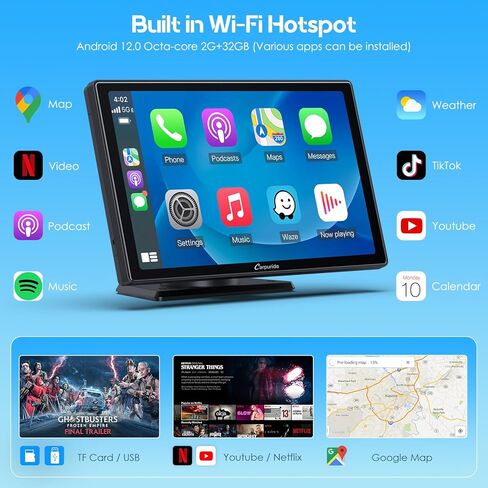 CARPURIDE 9 بوصة W901 Plus، نظام CarPlay اللاسلكي & Android Auto & Android 12.0، شاشة تشغيل السيارة عبر الإنترنت وغير متصل GPS للسيارة، G00GLE Play، Netflix، Mirror Link، صوت بلوتوث in Kuwait