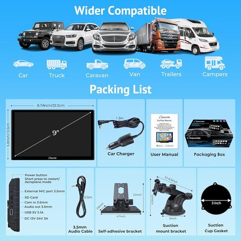 CARPURIDE 9 بوصة W901 Plus، نظام CarPlay اللاسلكي & Android Auto & Android 12.0، شاشة تشغيل السيارة عبر الإنترنت وغير متصل GPS للسيارة، G00GLE Play، Netflix، Mirror Link، صوت بلوتوث in Kuwait