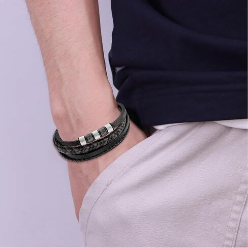 JSNOM Mens Leather Bracelet Gifts: Handmade Braided Genuine Leather Bracelet for Christmas Father's Day Birthday, Cuff Wristbands Black Bracelets Gifts for Men in Saudi Arabia