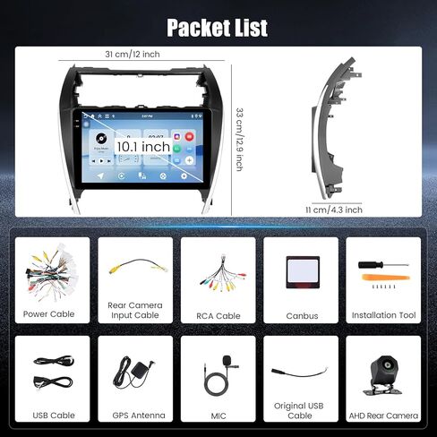 [4+128G] ستيريو سيارة Hikity Android لسيارة Toyota Camry 2012 2013 2014، 10.1 بوصة شاشة تعمل باللمس Incell راديو CarPlay/Android Auto، بلوتوث، ملاحة GPS، WiFi، FM/RDS + كاميرا احتياطية AHD in Kuwait