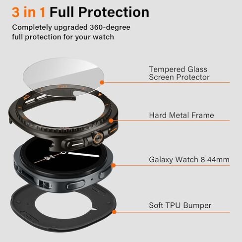 3 in 1 Metal Case Compatible with Samsung Galaxy Watch 8 Screen Protector 44mm, Rugged Protective Bumper with Back Frame + Tempered Glass Film for Galaxy Watch 44mm, Graphite/Orange in Saudi Arabia