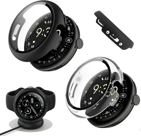 2Pack - Watch Cases Compatible with Google Pixel Watch 4 (2025) 45mm, Charge with Case On, HD Tempered Glass Screen Protector, Touch-Sensitive, Shockproof, Black + Clear in Kuwait