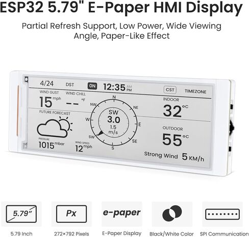ELECROW ESP32 E-Ink Display 5.79 Inch, CrowPanel E-Paper HMI Display Compatible with Arduino IDE, E Ink Screen with 272x792 Resolution Black/White Color, Driven by SPI Interface in Kuwait