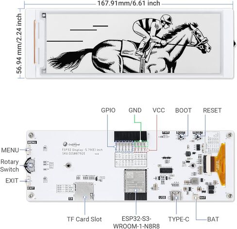 ELECROW ESP32 E-Ink Display 5.79 Inch, CrowPanel E-Paper HMI Display Compatible with Arduino IDE, E Ink Screen with 272x792 Resolution Black/White Color, Driven by SPI Interface in Kuwait