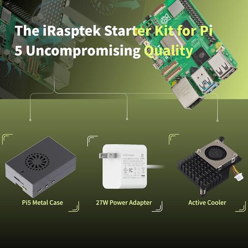 مجموعة iRasptek Starter Kit لـ Raspberry Pi 5 8GB RAM - تتضمن لوحة 8GB، ومحول طاقة 5.1V 5A USB-C Pi5، وحافظة معدنية Pi5 ومبرد نشط in Kuwait