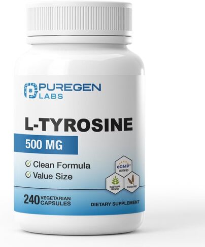 Puregen Labs L-Tyrosine 500 mg, 240 Vegetable Capsules | No Harmful Additives | Non-GMO, Vegan, Gluten Free, Dairy Free - 240 Servings - Made in USA in Saudi Arabia