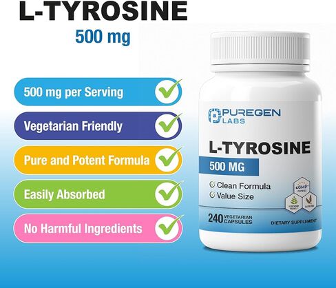 Puregen Labs L-Tyrosine 500 mg, 240 Vegetable Capsules | No Harmful Additives | Non-GMO, Vegan, Gluten Free, Dairy Free - 240 Servings - Made in USA in Saudi Arabia