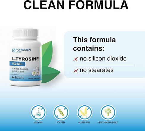 Puregen Labs L-Tyrosine 500 mg, 240 Vegetable Capsules | No Harmful Additives | Non-GMO, Vegan, Gluten Free, Dairy Free - 240 Servings - Made in USA in Saudi Arabia