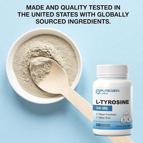 Puregen Labs L-Tyrosine 500 mg, 240 Vegetable Capsules | No Harmful Additives | Non-GMO, Vegan, Gluten Free, Dairy Free - 240 Servings - Made in USA in Saudi Arabia