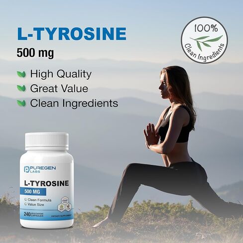 Puregen Labs L-Tyrosine 500 mg, 240 Vegetable Capsules | No Harmful Additives | Non-GMO, Vegan, Gluten Free, Dairy Free - 240 Servings - Made in USA in Saudi Arabia
