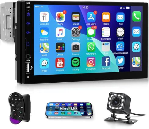 ستيريو سيارة بشاشة لمس عالية الدقة مع بلوتوث، 1 DIN 7 بوصة مستقبل صوت راديو السيارة منفذ USB AUX SD مرآة وصلة كاميرا الرؤية الخلفية FM EQ SWC وحدة تحكم عجلة القيادة وأضواء ملونة in Kuwait