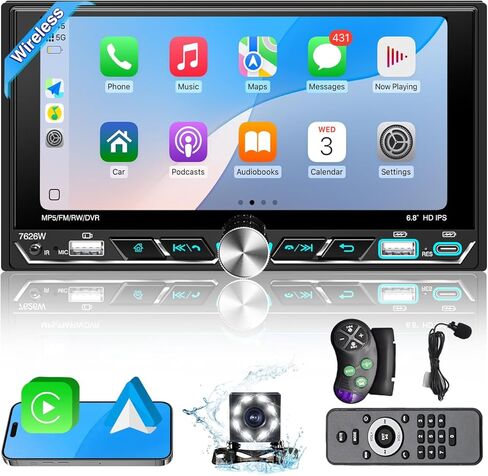 ستيريو سيارة مزدوج الدين 6.8 بوصة شاشة تعمل باللمس مع Apple CarPlay وAndroid Auto، تحكم فعلي في المقبض، بلوتوث 5.0، راديو Apple Car Play اللاسلكي، MirrorLink، FM/AM، كاميرا احتياطية، USB/Type-C in Kuwait