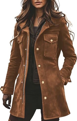 chouyatou Women's Retro Faux Suede Leather Jacket Zip Up Military Utility Safari Jacket Midi Long Shacket in Saudi Arabia