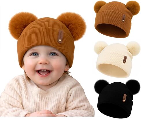 Toddler Winter Beanie Hats 3 Pack – Double Pom Pom Soft Knitted Hats for Baby Boys Girls 6–36 Months in Kuwait