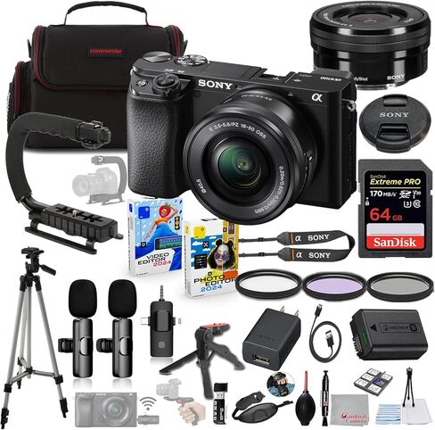 Sony a6100 Mirrorless Camera with 16-50mm Lens Bundle + Wireless Microphone System + Accessory Package Including 64GB Extreme Memory, U-Grip, Case, Tripod, Software and More (30 Items) in Saudi Arabia