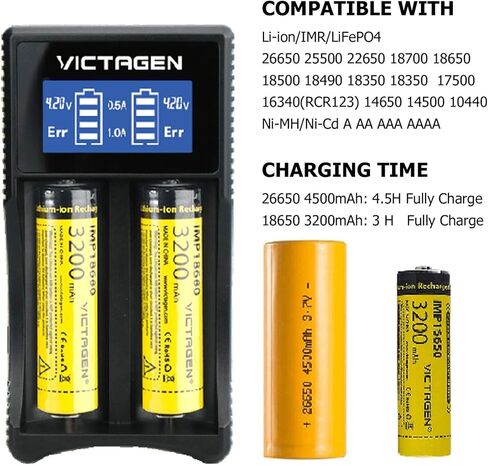 مجموعة شاحن البطاريات VICTAGEN Ultimate - شحن سريع للبطاريات القابلة لإعادة الشحن 3.7 فولت ليثيوم أيون 18650 18490 18350 17670 17500 16340(RCR123) 14500، 1.2 فولت Ni-MH&Ni-Cd، AA، AAA in Kuwait
