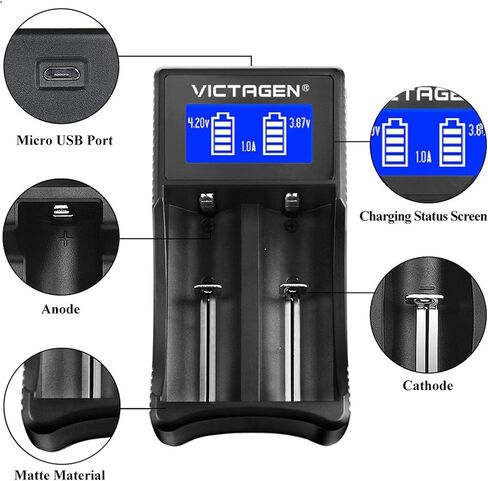 مجموعة شاحن البطاريات VICTAGEN Ultimate - شحن سريع للبطاريات القابلة لإعادة الشحن 3.7 فولت ليثيوم أيون 18650 18490 18350 17670 17500 16340(RCR123) 14500، 1.2 فولت Ni-MH&Ni-Cd، AA، AAA in Kuwait
