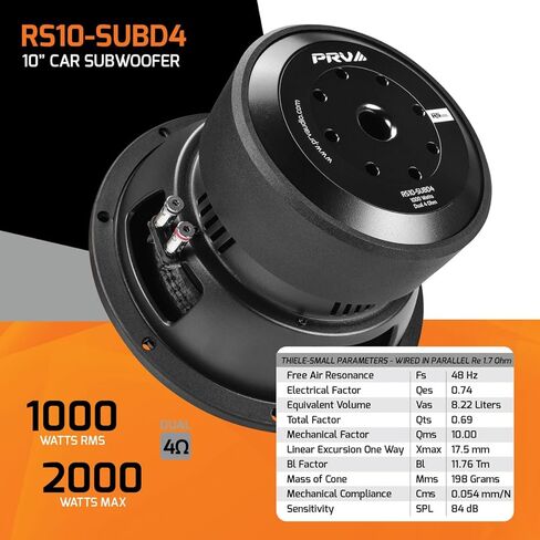 PRV AUDIO 10" Sub D4 2000 Watts Max Power Dual 4 Ohm, 17.5 mm Xmax, RS10-SUBD4, 2.6 in Voice Coil, 10 Inch Car Subwoofer Deep Low Tones for Car, Truck Audio Systems (Single) in Saudi Arabia