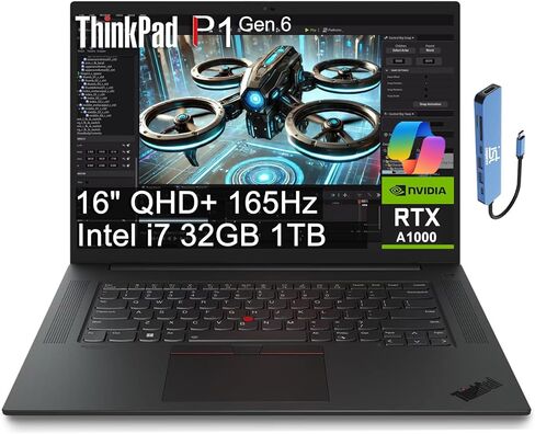 كمبيوتر محمول Lenovo ThinkPad P1 Mobile Workstation (16 بوصة 2K 165 هرتز، Intel 14-Core i7-13800H، 64GB DDR5، 4TB SSD، NVIDIA RTX A1000 6GB) 2 x Thunderbolt 4، بصمة الإصبع، إضاءة خلفية، كاميرا ويب IR، IST Hub، Win 11 Pro in Kuwait