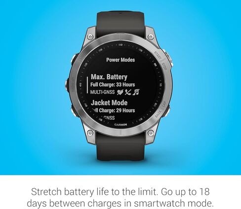 Garmin 010-02540-00 fenix 7، ساعة ذكية للمغامرات، ساعة خارجية متينة مع نظام تحديد المواقع العالمي (GPS)، شاشة تعمل باللمس، ميزات الصحة والعافية، فضي مع شريط الجرافيت (تم تجديد Premium) in Kuwait