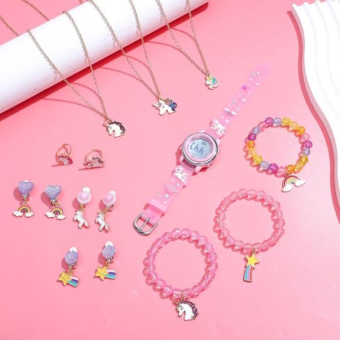 Newitin Girls Watch Jewelry مجموعة قلادات حلقات حلقات حلقات أساور على الأقراط على أقراط متعددة الوظائف للرياضة الرقمية الختوفية 3D Wathorn Watch For Girls 3-10 سنوات أطفال in Saudi Arabia