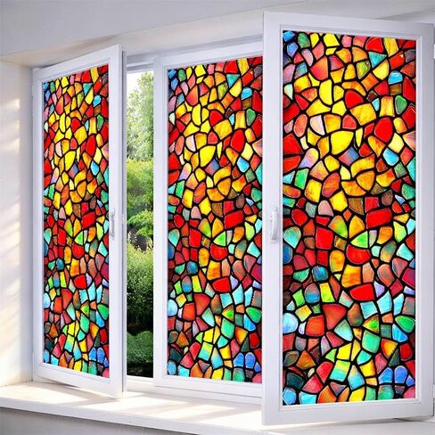 IVN Window Privacy Film Colorful Mosaic Stained Glass Window Film Decorative Static Cling Non Adhesive Removable Reusable Window Cling for Bathroom Shower Windows Anti Glare UV Blocking 17.7x39.4 Inch in Saudi Arabia