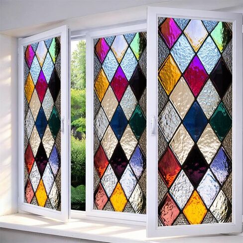 IVN Window Privacy Film Colorful Mosaic Stained Glass Window Film Decorative Static Cling Non Adhesive Removable Reusable Window Cling for Bathroom Shower Windows Anti Glare UV Blocking 17.7x39.4 Inch in Saudi Arabia