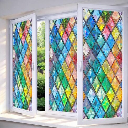 IVN Window Privacy Film Colorful Mosaic Stained Glass Window Film Decorative Static Cling Non Adhesive Removable Reusable Window Cling for Bathroom Shower Windows Anti Glare UV Blocking 17.7x39.4 Inch in Saudi Arabia