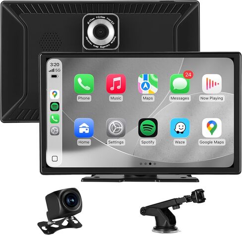 9'' Wireless CarPlay Screen for Car, Apple Car Play & Android Auto Car Stereo HD Touchscreen with 4K Dash Cam & 1080P Backup Camera, GPS Navigation & Mirror Link, for Most Vehicles in Kuwait