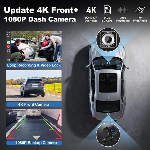 9'' Wireless CarPlay Screen for Car, Apple Car Play & Android Auto Car Stereo HD Touchscreen with 4K Dash Cam & 1080P Backup Camera, GPS Navigation & Mirror Link, for Most Vehicles in Kuwait