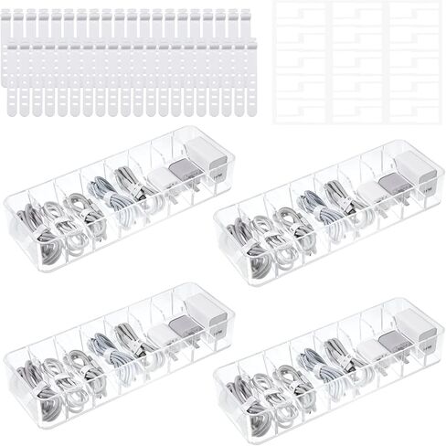 4 Pcs Cord Storage Organizer Clear Plastic Cable Storage Box with 40 Silicone Wire Ties, Cord Organizer Box with Lid for Home Office Desk Organization, Jewelry and Accessories in Kuwait