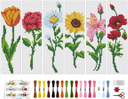 BEUNITONE 6 Pcs Flower Bookmark Cross Stitch Kits DIY Stamped Embroidery Bookmark Kit for Adults Beginner with Instructions Vivid Floral Cross Stitch Kits for DIY Crafts Book Lovers Gifts 2.4x8 in in Kuwait