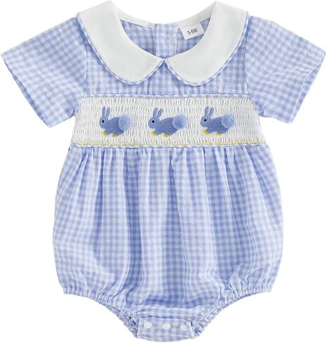 Bagilaanoe Infant Baby Boy Girl Easter Outfit Clothes Bunny Tail Smocked Short Sleeve Romper Jumpsuit in Saudi Arabia