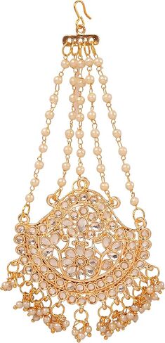 Touchstone Indian Bollywood Handcrafted Filigree Magical Look Rhinestone Kundan Polki Look Faux Pearls Hangings Head Enhancing Bridal Designer Jewelry Jhoomer In Gold Tone For Women. in Saudi Arabia