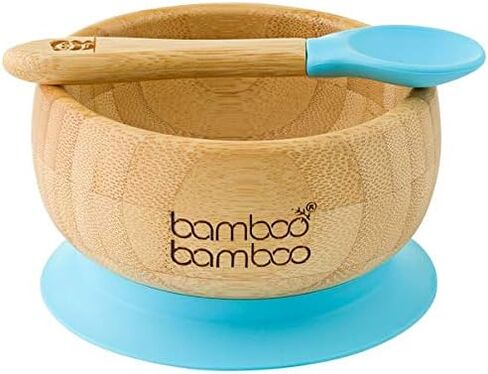 وعاء شفط بامبو بامبو ® للطفل - طقم وعاء وملعقة من الخيزران للأطفال مع كوب شفط سيليكون قابل للإزالة للأطفال | 11.8 أونصة | غير سامة | بارد الملمس | مثالية لفطام الطفل (أزرق) in Kuwait