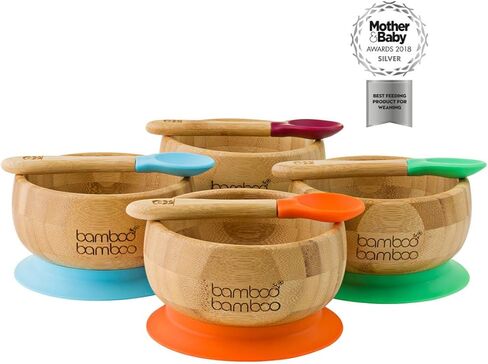 وعاء شفط بامبو بامبو ® للطفل - طقم وعاء وملعقة من الخيزران للأطفال مع كوب شفط سيليكون قابل للإزالة للأطفال | 11.8 أونصة | غير سامة | بارد الملمس | مثالية لفطام الطفل (أزرق) in Kuwait