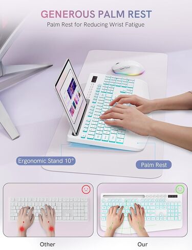 Trueque Wireless Keyboard and Mouse Combo with 7 Colored Backlits, Wrist Rest, Rechargeable Ergonomic Keyboard with Phone Holder, Silent Lighted Full Size Combo for Windows, PC, Laptop (Cloud White) in Saudi Arabia