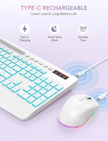 Trueque Wireless Keyboard and Mouse Combo with 7 Colored Backlits, Wrist Rest, Rechargeable Ergonomic Keyboard with Phone Holder, Silent Lighted Full Size Combo for Windows, PC, Laptop (Cloud White) in Saudi Arabia