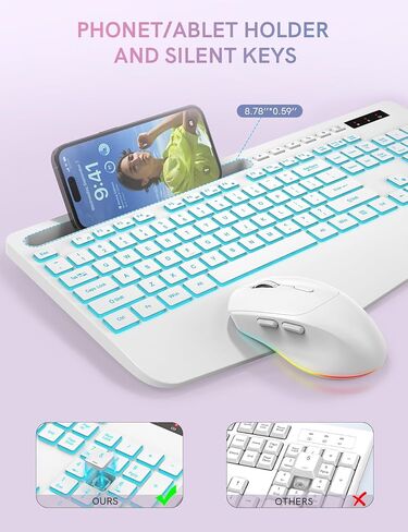 Trueque Wireless Keyboard and Mouse Combo with 7 Colored Backlits, Wrist Rest, Rechargeable Ergonomic Keyboard with Phone Holder, Silent Lighted Full Size Combo for Windows, PC, Laptop (Cloud White) in Saudi Arabia