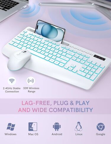 Trueque Wireless Keyboard and Mouse Combo with 7 Colored Backlits, Wrist Rest, Rechargeable Ergonomic Keyboard with Phone Holder, Silent Lighted Full Size Combo for Windows, PC, Laptop (Cloud White) in Saudi Arabia