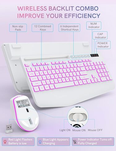 Trueque Wireless Keyboard and Mouse Combo with 7 Colored Backlits, Wrist Rest, Rechargeable Ergonomic Keyboard with Phone Holder, Silent Lighted Full Size Combo for Windows, PC, Laptop (Cloud White) in Saudi Arabia