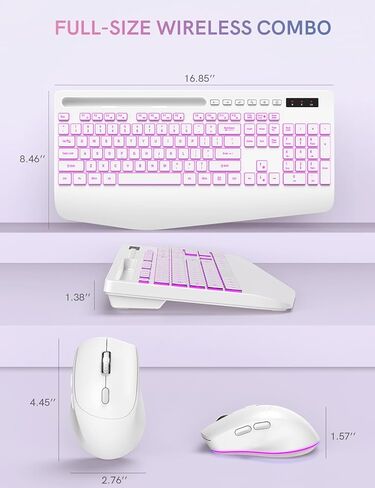 Trueque Wireless Keyboard and Mouse Combo with 7 Colored Backlits, Wrist Rest, Rechargeable Ergonomic Keyboard with Phone Holder, Silent Lighted Full Size Combo for Windows, PC, Laptop (Cloud White) in Saudi Arabia