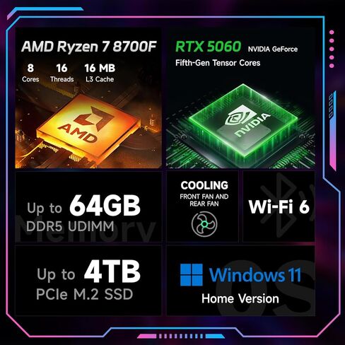 سطح المكتب HP OMEN 16L للألعاب، AMD Ryzen 7 8700F (Beats Intel i7-14700F)، NVIDIA RTX 5060، ذاكرة الوصول العشوائي DDR5 سعة 64 جيجابايت، 2 تيرابايت SSD، W11H، محطة عمل إنتاج الموسيقى، حزمة مع Thunderobot KG3089R Gaming KB in Kuwait